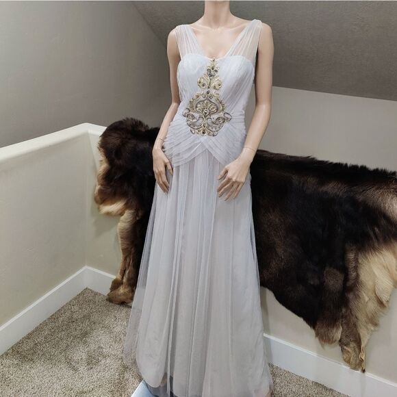 Elegant Embroidered & Beaded, Chiffon & Tulle Pleated Evening Dress - Picture 1 of 13